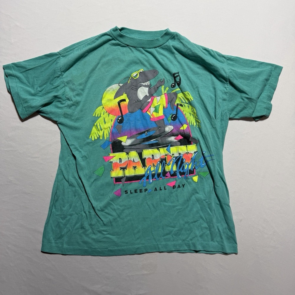 Vintage 80s Neon Shark DJ Party All Night Sleep All Day Teal Tee Shirt Medium
